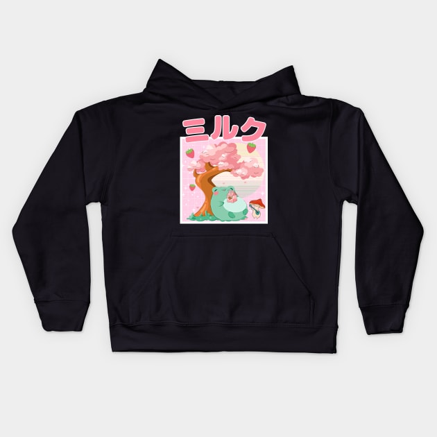 Strawberry Milk Kawaii Frog and Mushroom Kids Hoodie by Sugoi Otaku Gifts